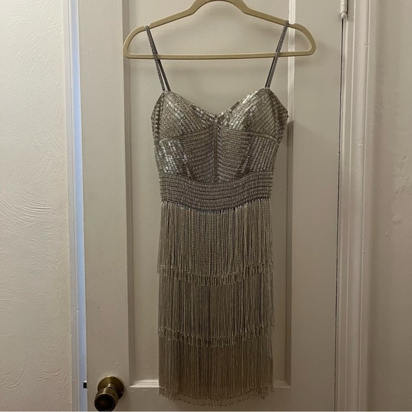 Alyce Paris Silver Beaded Fringe Formal Mini Dress | size 2 - Picture 2 of 9